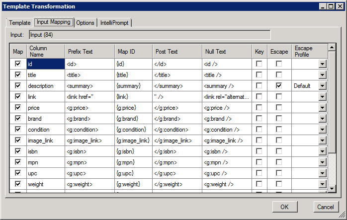 Define columns that will be transformed to XML with flexible escaping options.