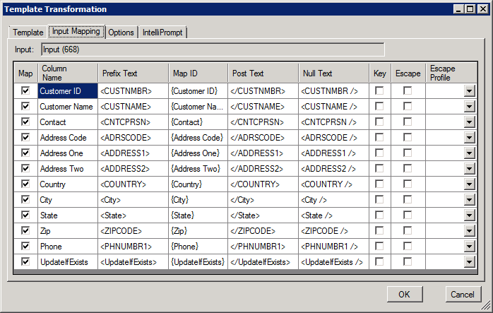 Define columns that will be transformed to XML with flexible escaping options.